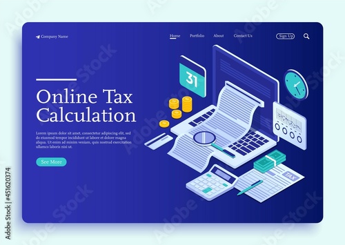 Online official documents for tax calculation isometric concept.
