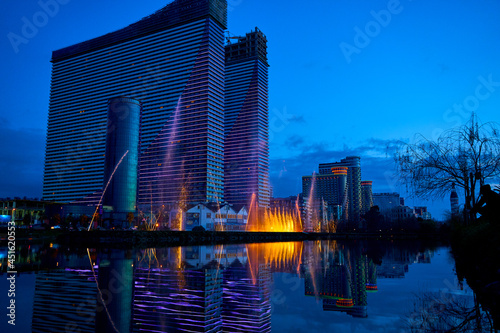 Evening view of the modern hotel complex Orbi City in the city of Batumi