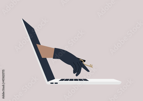 Sensitive information stealing, a hand in a black leather glove holding an access key, data breach concept