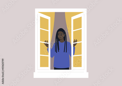 A young female Black character opening the window, morning rituals, daily lifestyle