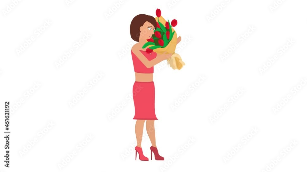 Woman with a bouquet of flowers. Animation of giving flowers, alpha channel. Cartoon Woman with a bouquet of flowers. Animation of giving flowers, alpha channel. Cartoon