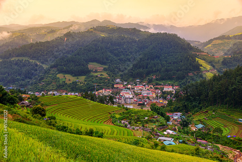 Rice fields on terraced beautiful shape of Mu Cang Chai  YenBai  Vietnam. Rice fields prepare the harvest at Northwest Vietnam.