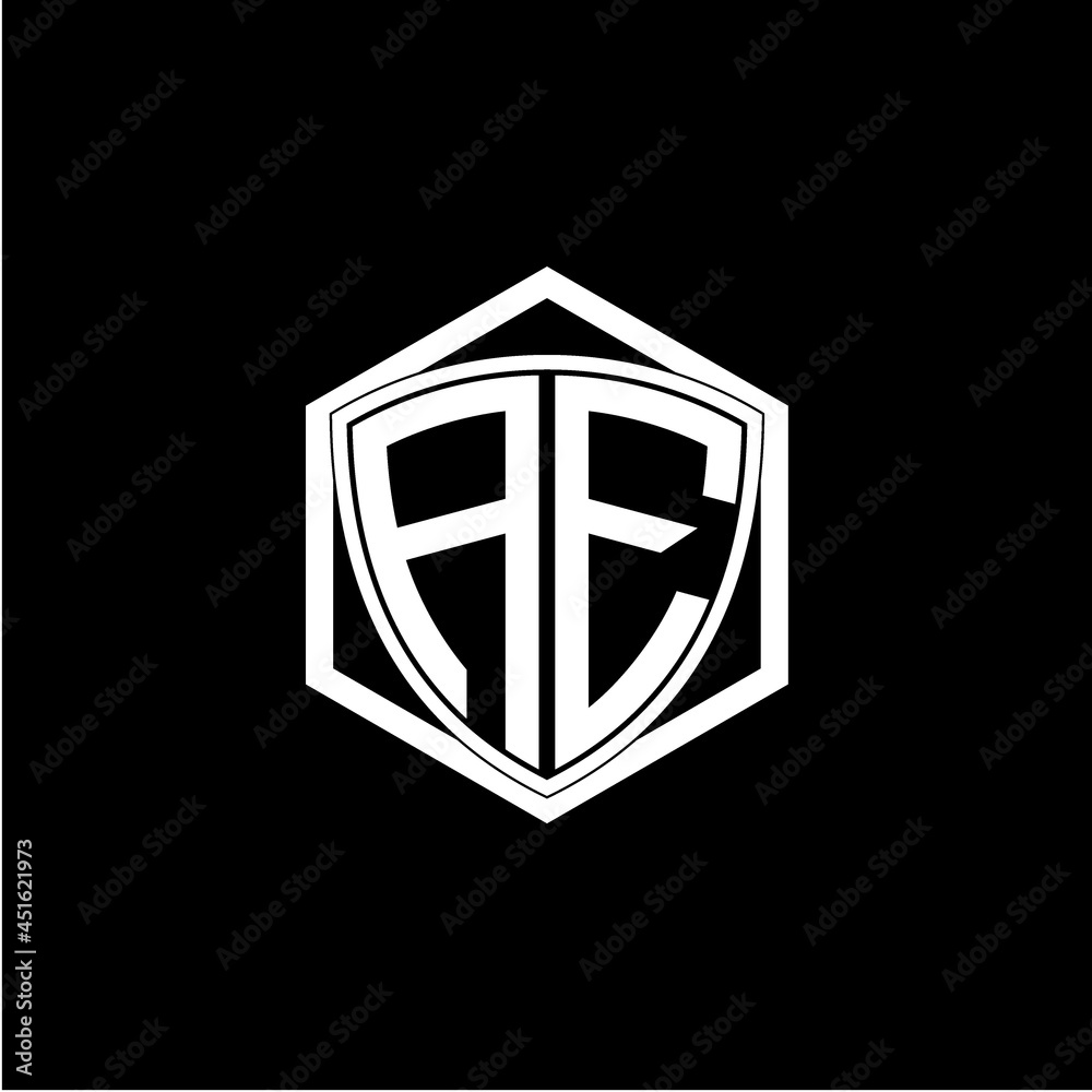 initial letter A E shield with hexagon frame initial letter A E shield with hexagon frame