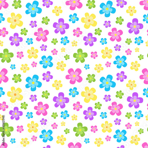 Funny seamless pattern with colorful flowers on white board. Positive summer mood. Endless design. Print for textile, clothes, gift wrap, cards, design and decor