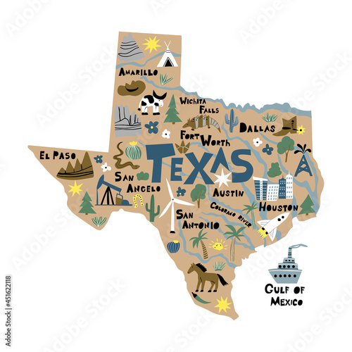 Texas infographic flat hand drawn vector illustration. American state cartoon map.
