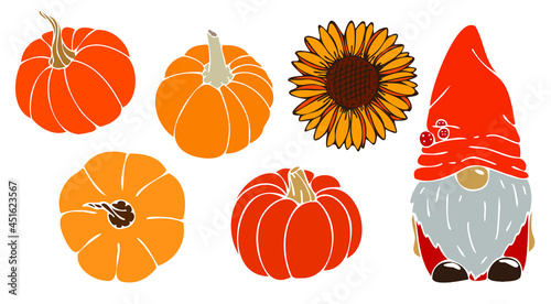 Halloween vector pumpkins. Cute Halloween illustration with gnome and  sunflower 