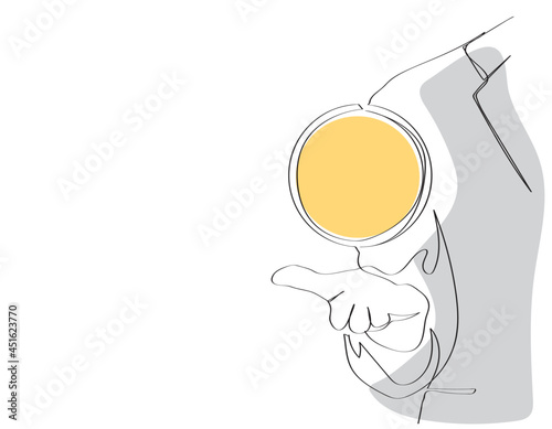 Continuous one line drawing. Hand holding abstract coin. Cryptocurrency and e-commerce concept. 