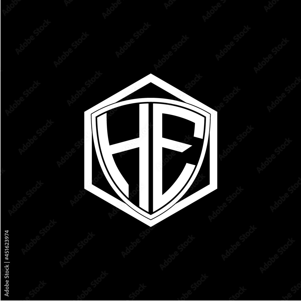 initial letter H E shield with hexagon frame initial letter H E shield with hexagon frame