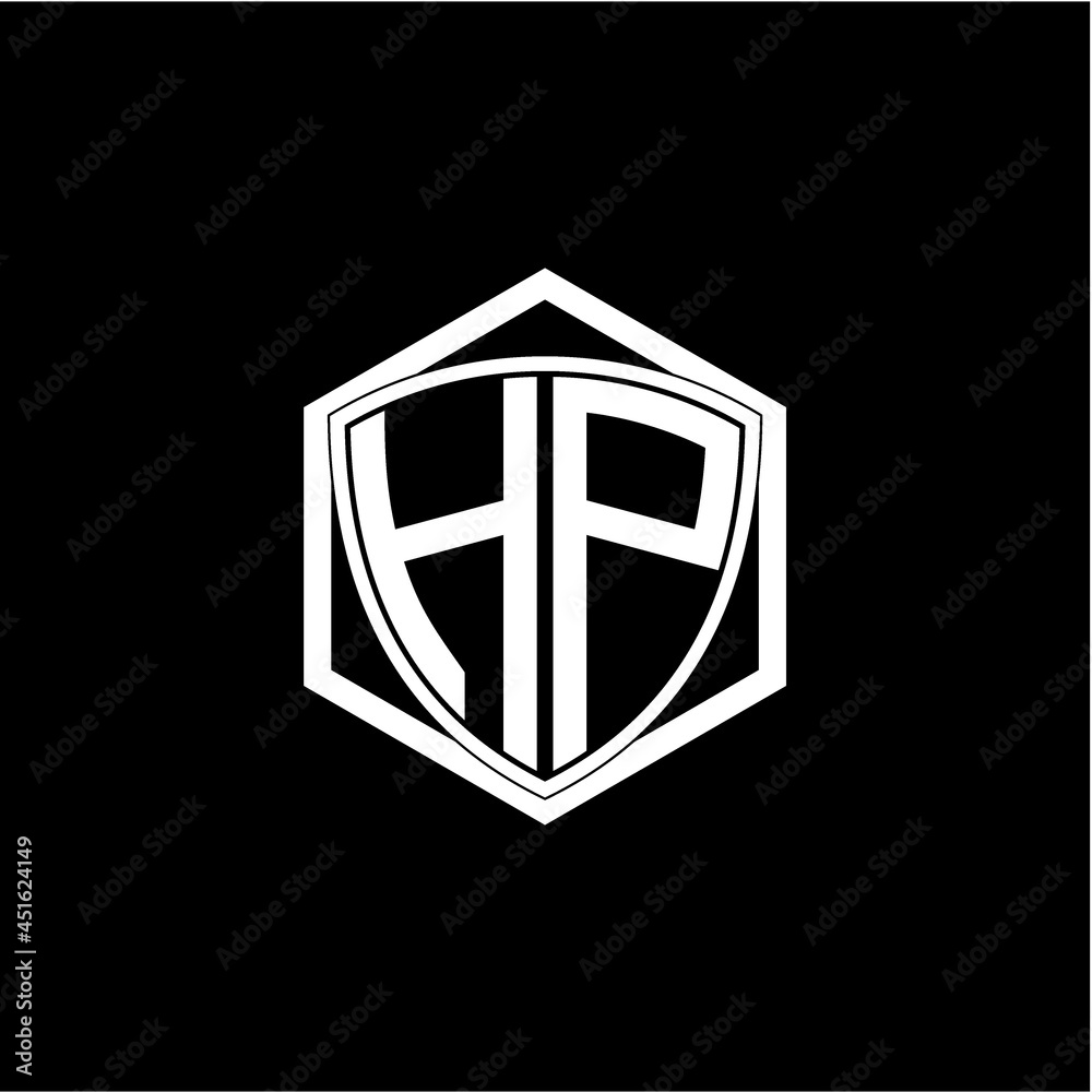 initial letter H P shield with hexagon frame initial letter H P shield with hexagon frame