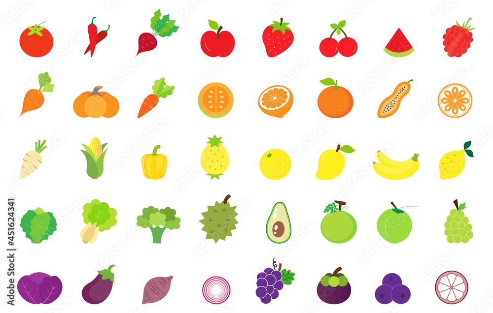 Fruits and vegetables flat icon set isolated on white background.Vector.Illustration. Fruits and vegetables flat icon set isolated on white background.Vector.Illustration.