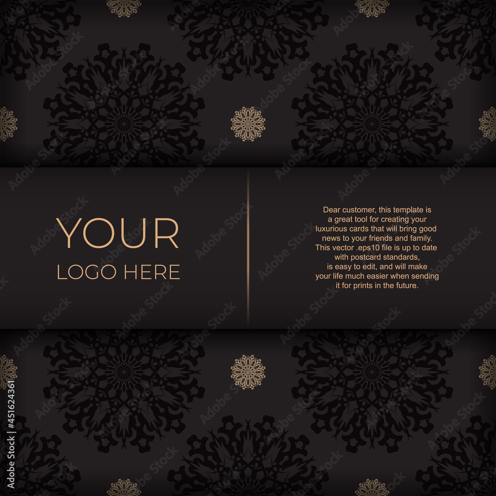 Presentable Ready-to-print postcard design in black with Arabic patterns. Invitation card template with vintage ornament.