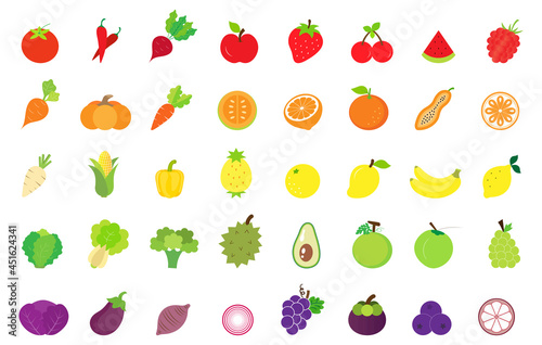 Fototapeta Naklejka Na Ścianę i Meble -  Fruits and vegetables flat icon set isolated on white background.Vector.Illustration.