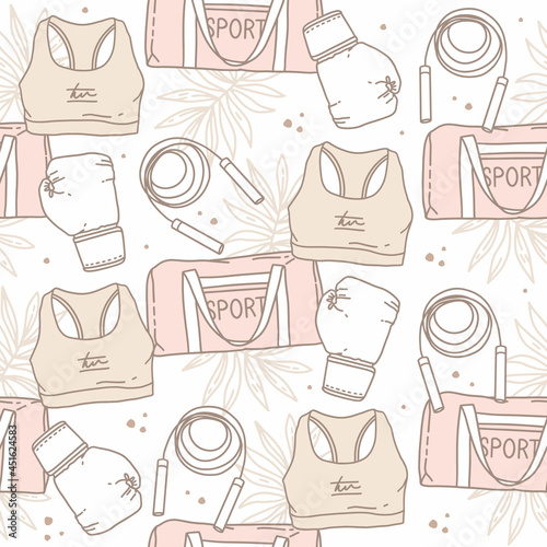 Seamless pattern in sketch style, vector illustration. Sportswear and equipment. Sports top, bag, boxing glove and jump rope. Sports, fitness. Health care, beautiful figure. Background design, print.