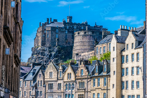 A view down a street towards the castle in Edinburgh, Scotland on a summers day