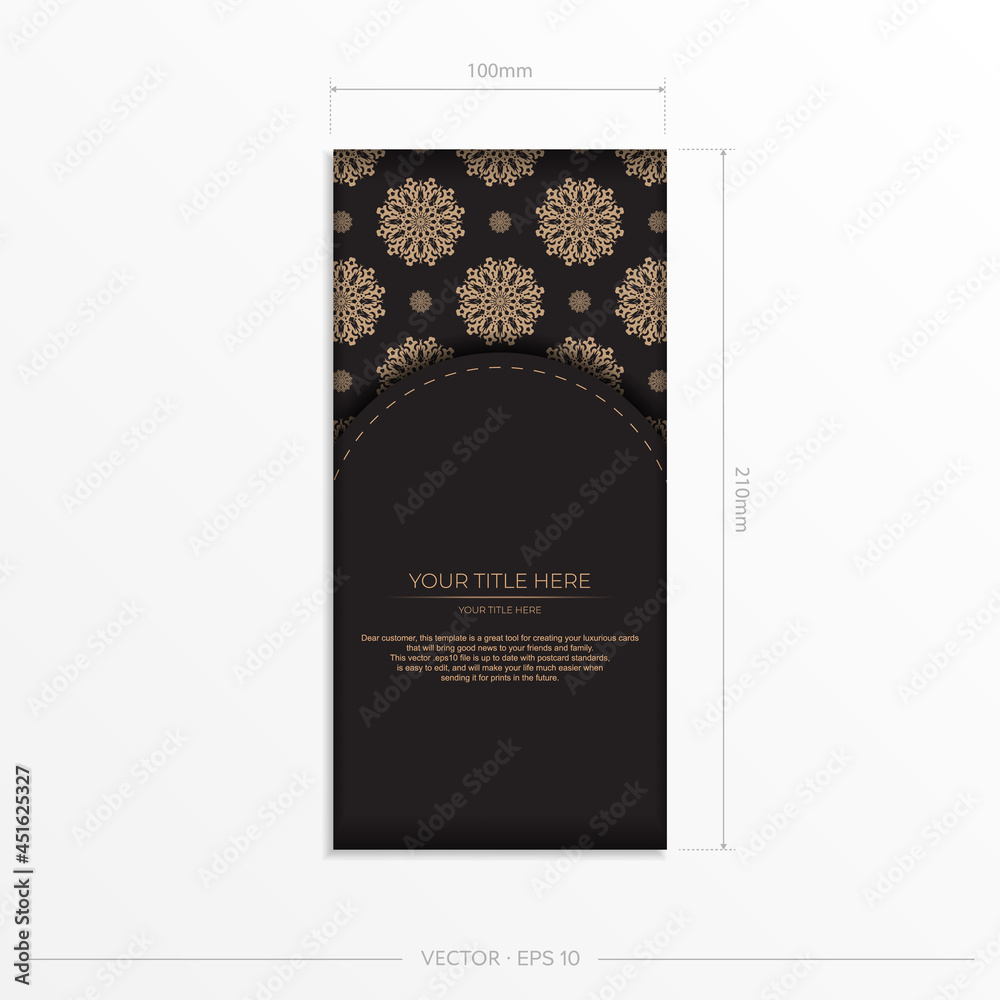 Presentable vector design of postcard in black color with arabic patterns. Stylish invitation with vintage ornament.