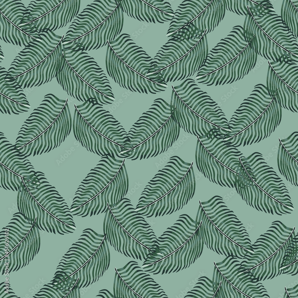 Botany seamless pattern with decorative fern leaf ornament. Blue pale background. Abstract doodle backdrop.