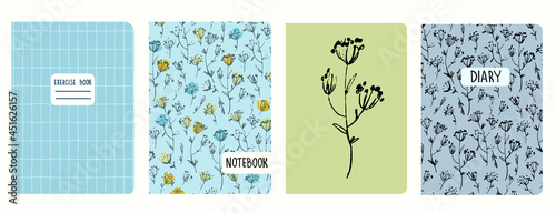 Set of cover page templates based on patterns with hand drawn flowers in ditsy style and gridline. Backgrounds for notebooks, notepads, diaries. Headers isolated and replaceable