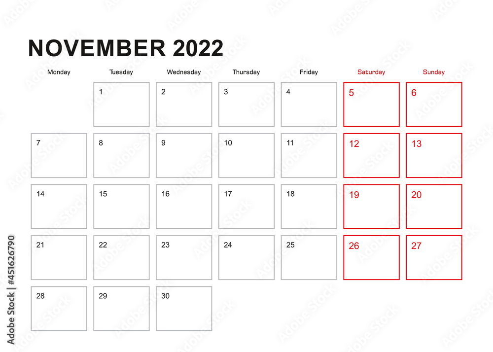 Wall planner for November 2022 in English language, week starts in Monday. Wall planner for November 2022 in English language, week starts in Monday.