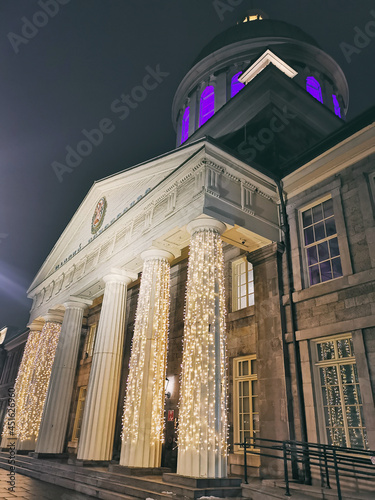 Montreal landmark at night. Bonsecours Market building, Old Port of Montreal, city tourist destination at night winter travel. Tourist destination famous attraction. photo