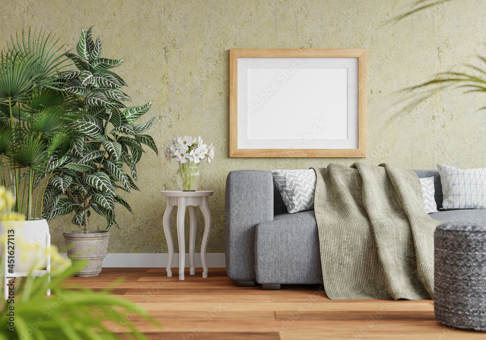 3D Mockup photo frame in Modern interior of living room 3D Mockup photo frame in Modern interior of living room