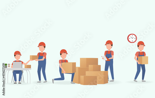 The delivery staff prepares the shipment for the customer. The important of transportation must be punctual. The process of ordering until the order is received. Vector Illustration EPS10. photo