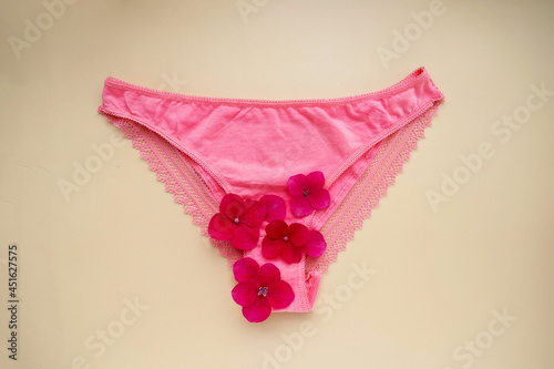 Woman's health concept. Pink panties with red flower. Abstract mentruation, period.