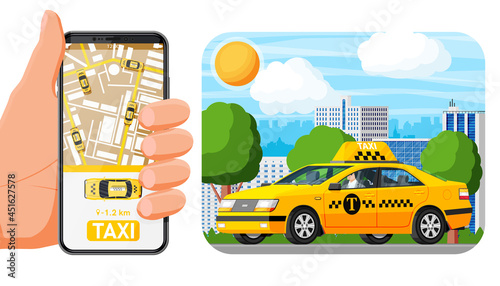 Taxi App or Service. Yellow Car and Smartphone