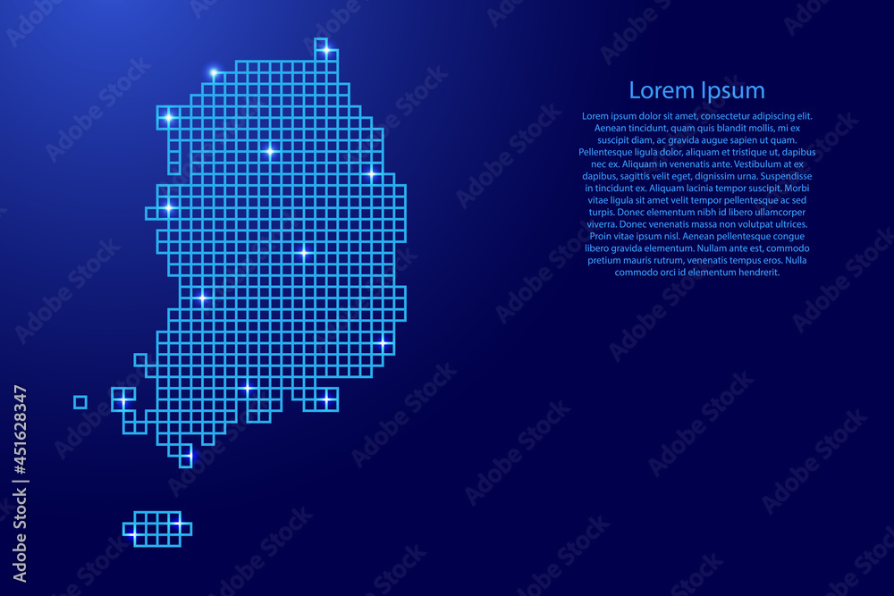South Korea map silhouette from blue mosaic structure squares and glowing stars. Vector illustration.