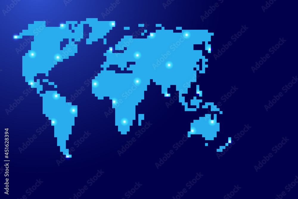 World map silhouette from blue square pixels and glowing stars. Vector illustration. World map silhouette from blue square pixels and glowing stars. Vector illustration.