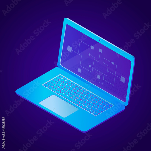 Vector isolated illustration of isometric laptop. Diagram or graph on a computer monitor screen. © Ekaterina