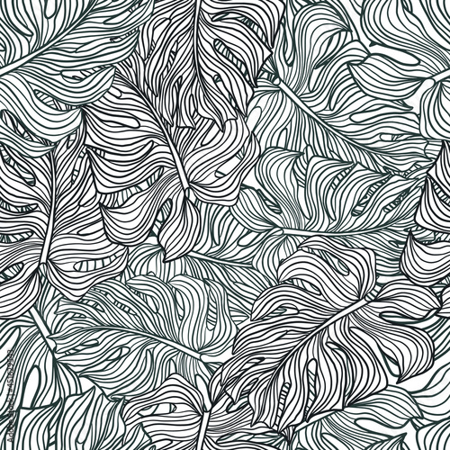 Navy blue contoured monstera leaf silhouettes seamless pattern. Hawaiian greenery ornament.