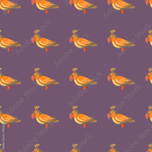 Orange parrots silhouettes seamless doodle pattern. Purple pastel background. Zoo exotic backdrop.