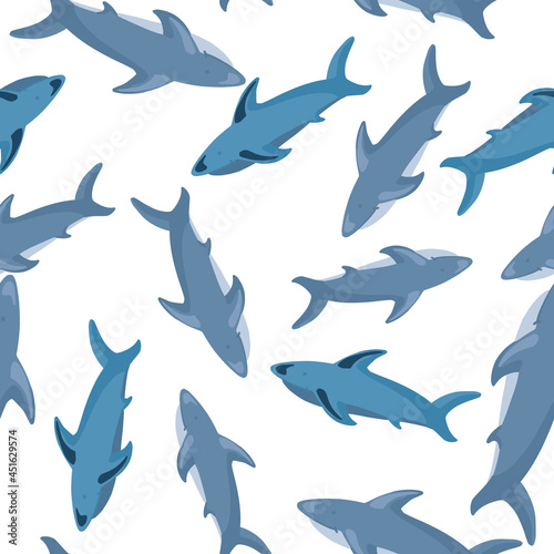 Random seamless pattern with blue shark silhouettes print. White background. Nature wildlife print.