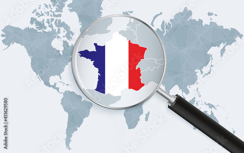 World map with a magnifying glass pointing at France. Map of France with the flag in the loop.