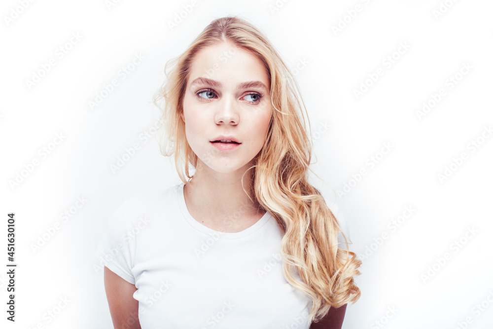 young pretty stylish blond hipster girl posing emotional isolated on white background happy smiling cool smile, lifestyle people concept young pretty stylish blond hipster girl posing emotional isolated on white background happy smiling cool smile, lifestyle people concept