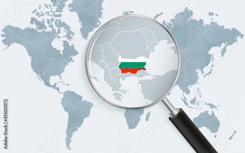 World map with a magnifying glass pointing at Bulgaria. Map of Bulgaria with the flag in the loop.