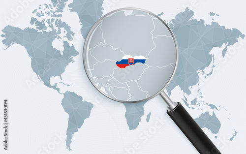 World map with a magnifying glass pointing at Slovakia. Map of Slovakia with the flag in the loop.