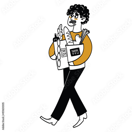 Mustachioed man carrying grocery paper bag full of food and drinks