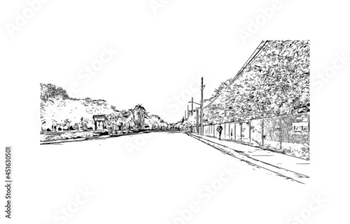 Building view with landmark of Jupiter is the town in Florida. Hand drawn sketch illustration in vector.