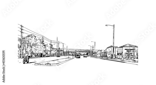 Building view with landmark of Jupiter is the 
town in Florida. Hand drawn sketch illustration in vector.