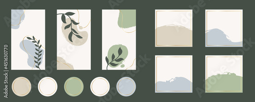 Social media stories, posts, highlights templates set for bloggers. Trendy editable template for social networks. Abstract vector backgrounds in natural colors.
