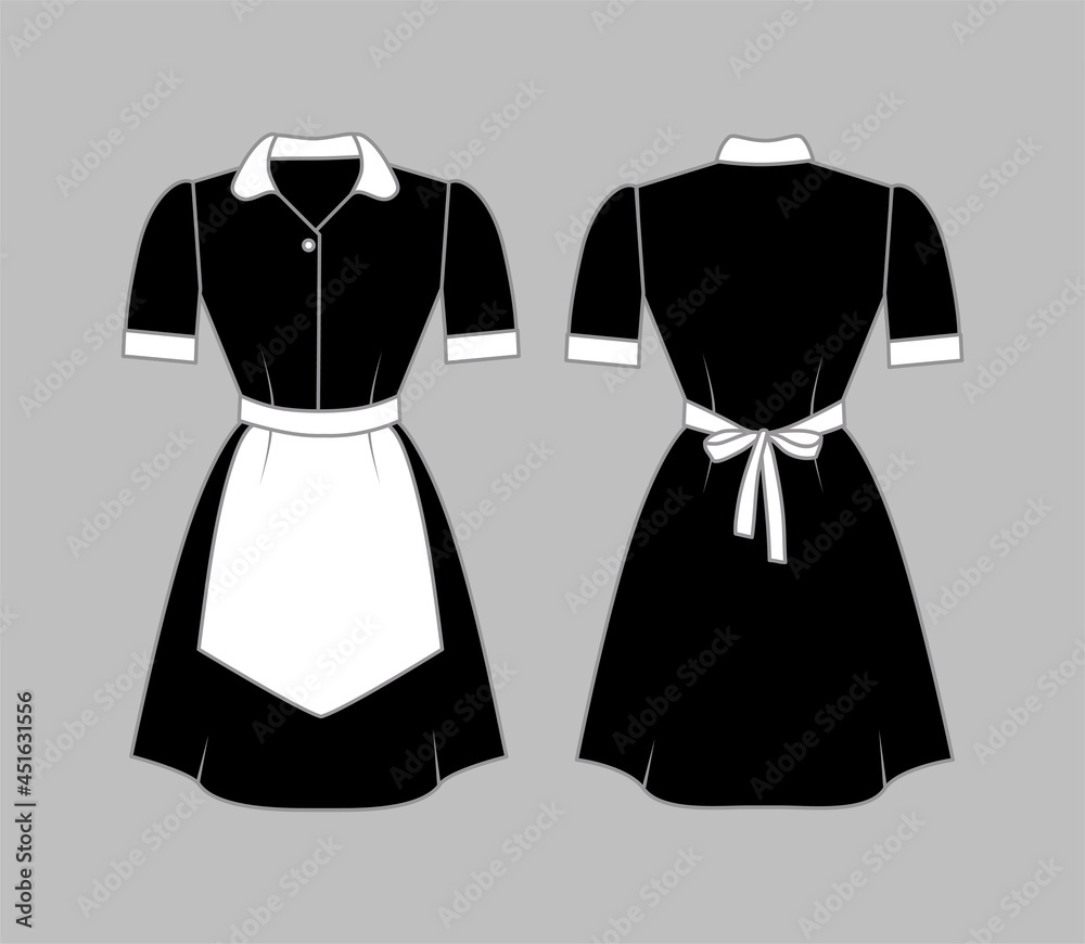 Maid uniform front and rear view. Women clothing with a white apron, cuffs  and collar. Vector illustration Stock Vector | Adobe Stock