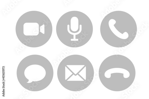 Virtual hangouts icons for conference call. Video, sound, message, mail and call icons isolated on white background. Flat vector illustration