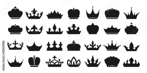 Royal crown sign silhouette black set. King crowns, majestic coronet and luxury tiara icon. Queens or princess jewelry heraldic hat insignia. Monochrome logo emblem vintage antique emperor symbols