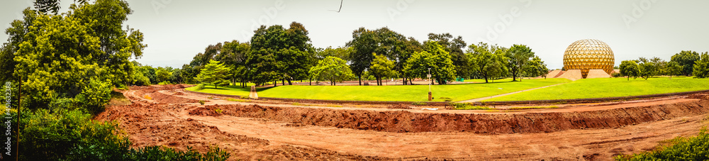 Fototapeta premium Incredible India Tourism, Panoramic view of Auroville is a universal city in the making in Puducherry, South India dedicated to the ideal of human unity where people lives in peace & progressive