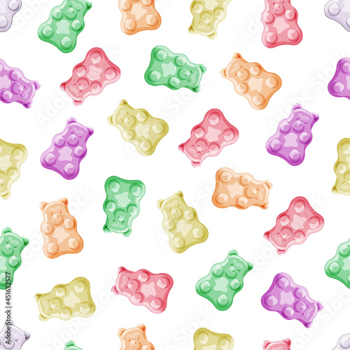 Various Gummy and Jelly Bears in pastel colors seamless pattern. Fruit and delicious sweets and candies. Cartoon style. Vector background