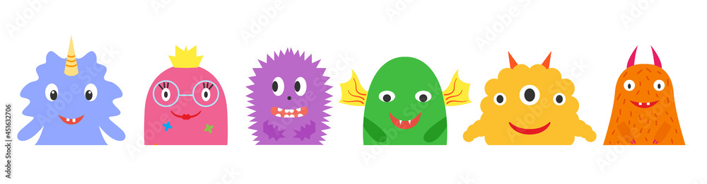 Monsters half, multicolored bright set, kind smiling with horns and wings, smooth and fluffy, with a crown and flowers. A collection of cute funny characters. Vector flat illustration