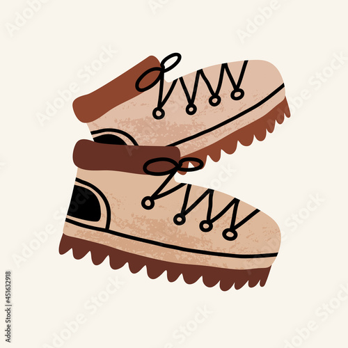 Cute summer pastime banner, outdoors sport card design. Pair of hiking, tourist or track boots.