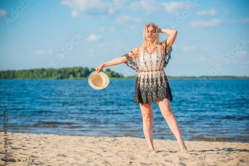 Plus size American sweet woman at nature, enjoy the life, walk at beach. Life of people xl size, happy nice natural beauty woman