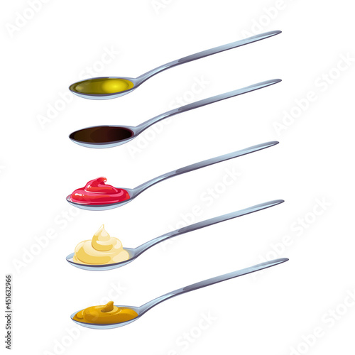 Big sauce in spoons set. Soy, Olive Oil, Mustard, Ketchup and Mayonnaise sauces. Condiment elements for food design.